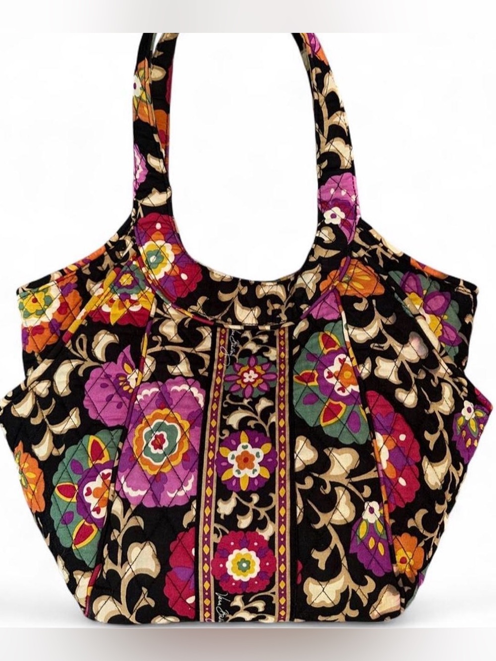 Vera Bradley Suzani Black Quilted Floral Tote with Purple & Orange Accents
